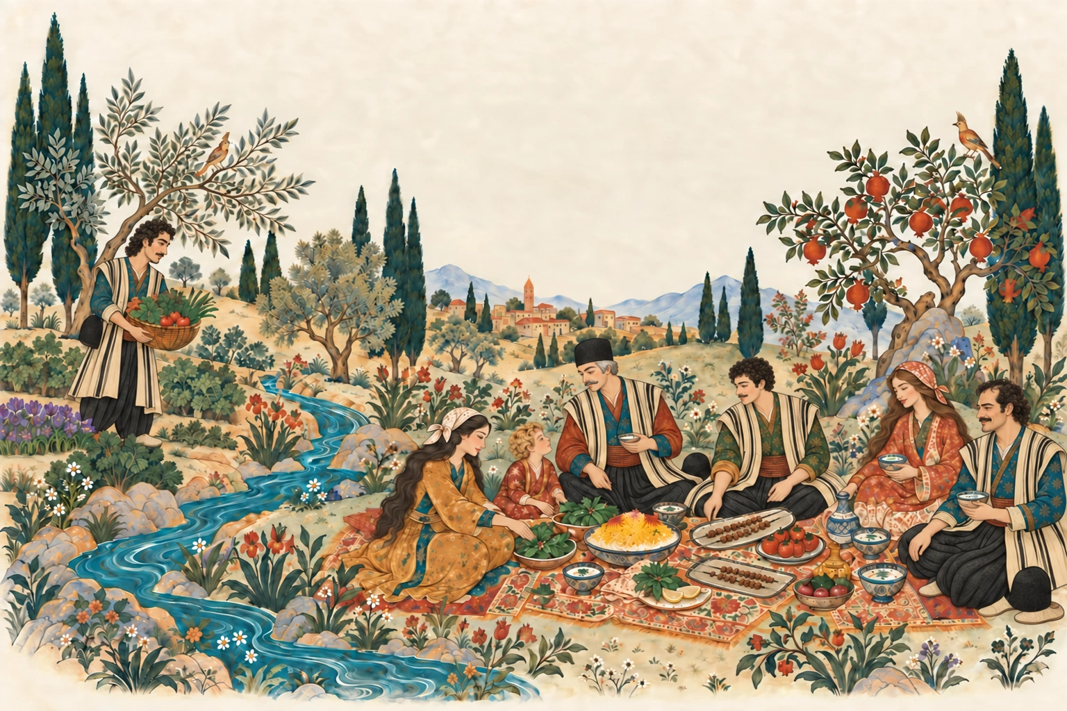 Villagers share kebabs, saffron rice, herbs, and vegetables on a sofreh beside flowing water.