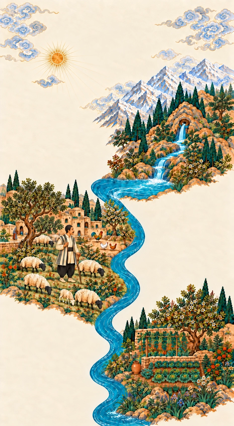 Sunlight above snowy mountains feeds a continuous river, passing a choopan, his flock, a village, and a flourishing garden.